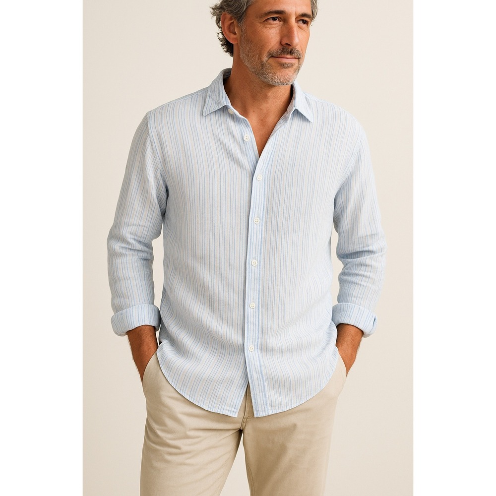 Proearth 100% Linen Blue White Stripe Button Front Shirt L Beach Coastal Grandpa